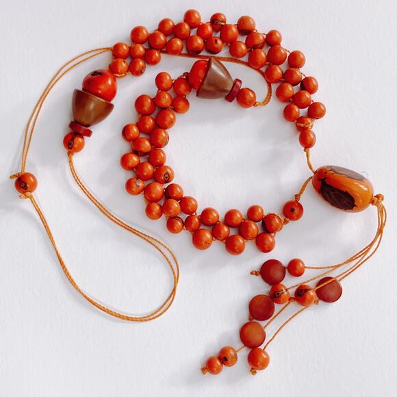 VTG 1970s Tagua Nut Wood Necklace Boho Artisan Long Natural Statement Jewelry - Picture 2 of 13